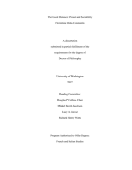 Proust and Sociability Florentina Dedu-Constantin a Dissertation