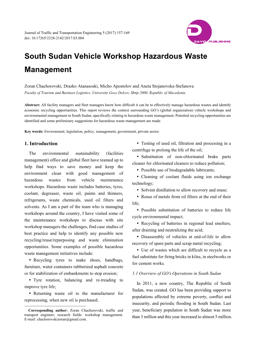 South Sudan Vehicle Workshop Hazardous Waste Management