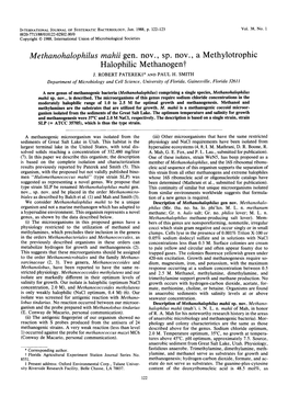Methanohalophilus Mahii Gen. Nov. Sp. Nov. a Methylotrophic Halophilic Methanogent J