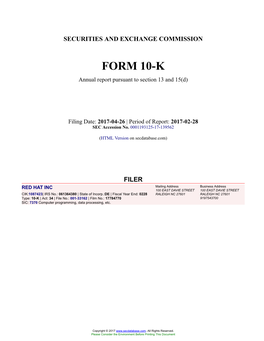 RED HAT INC Form 10-K Annual Report Filed 2017-04-26