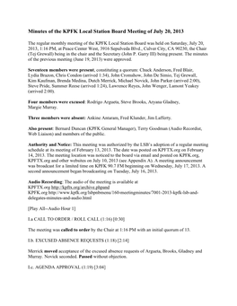 Minutes of the KPFK Local Station Board Meeting of July 20, 2013