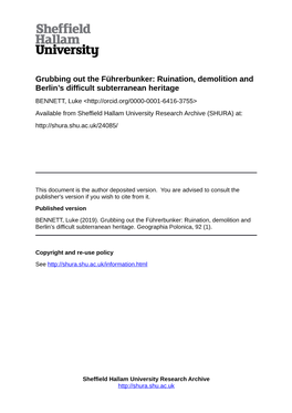 Geographia Polonica Vol. 92 No. 1 (2019), Grubbing out the Führerbunker: Ruination, Demolition and Berlin's Difficult Subterr