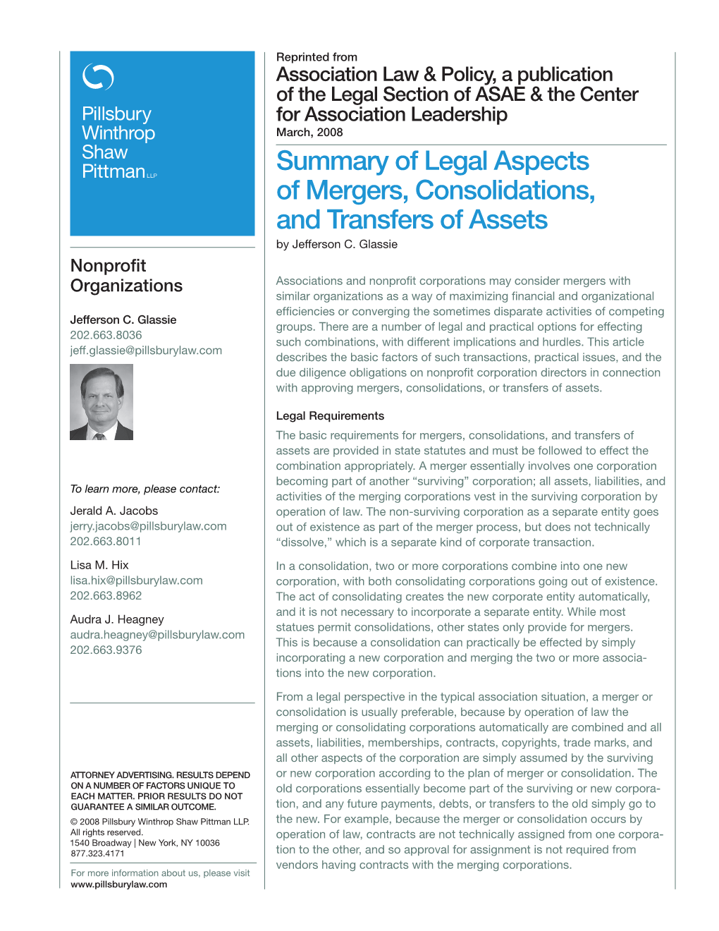 Summary of Legal Aspects of Mergers, Consolidations, and Transfers of Assets by Jefferson C
