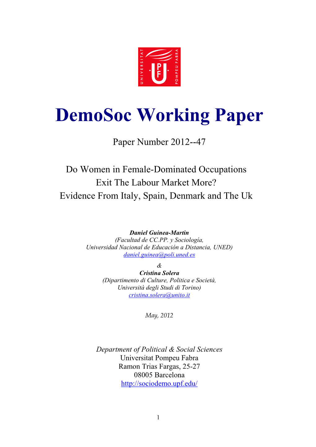 Do Women in Female-Dominated Occupations Exit the Labour Market More? Evidence from Italy, Spain, Denmark and the Uk