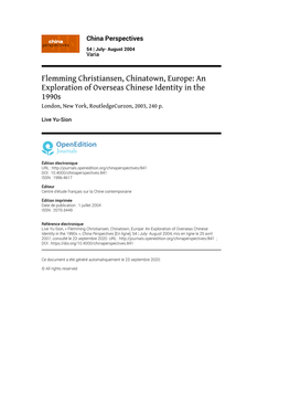 China Perspectives, 54 | July- August 2004 Flemming Christiansen, Chinatown, Europe: an Exploration of Overseas Chinese