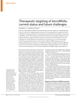 Therapeutic Targeting of Micrornas: Current Status and Future Challenges