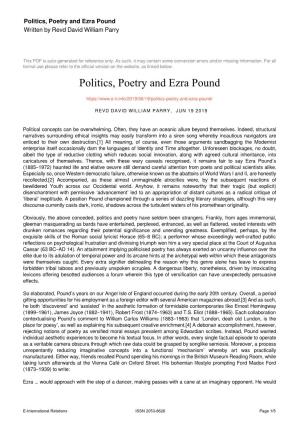 Politics, Poetry and Ezra Pound Written by Revd David William Parry