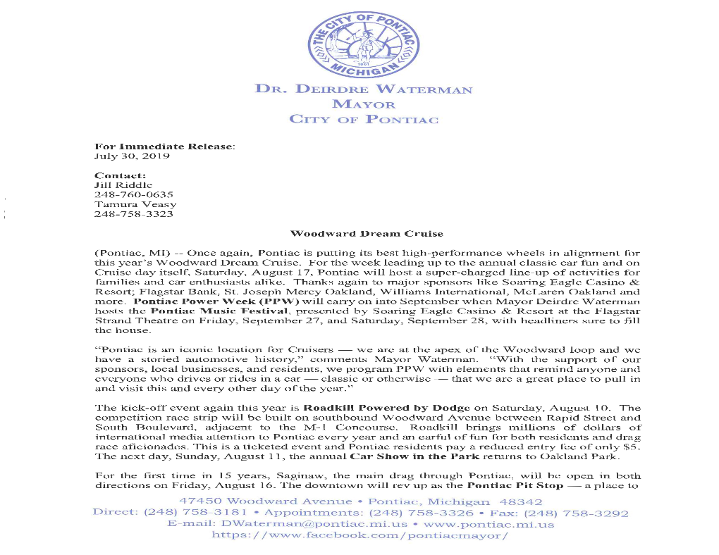 DR. DEIRDRE W ATERMAN MAYOR CITY of PONTIAC 47450 Woodward Avenue• Pontiac, Michigan 48342 Direct: {248) 758-3181 • Appointm