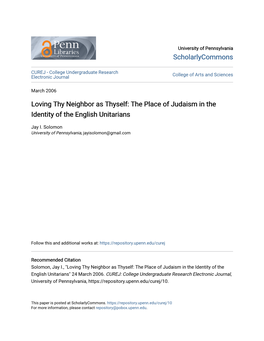 Loving Thy Neighbor As Thyself: the Place of Judaism in the Identity of the English Unitarians