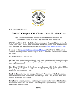 Personal Managers Hall of Fame Names 2018 Inductees