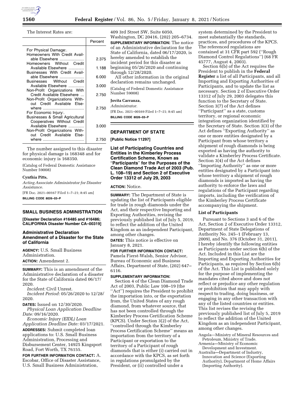 Federal Register/Vol. 86, No. 5/Friday, January 8, 2021/Notices