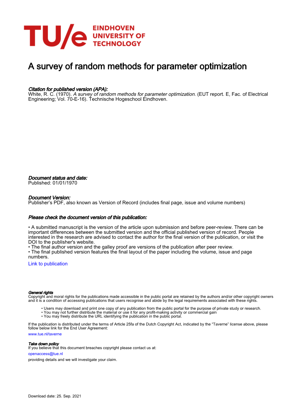 A Survey of Random Methods for Parameter Optimization