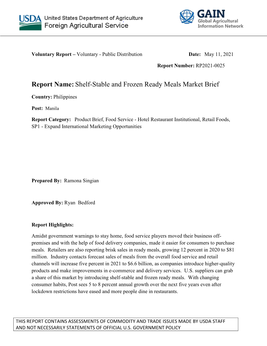 Report Name:Shelf-Stable and Frozen Ready Meals Market Brief