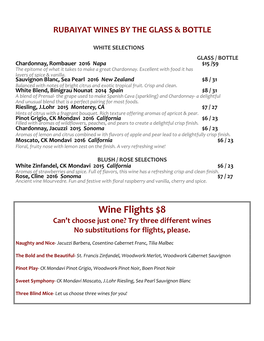 Wine Flights $8 Can’T Choose Just One? Try Three Different Wines No Substitutions for Flights, Please