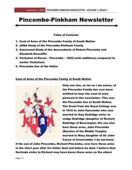 Pincombe-Pinkham Newsletter - Volume 1, Issue 1