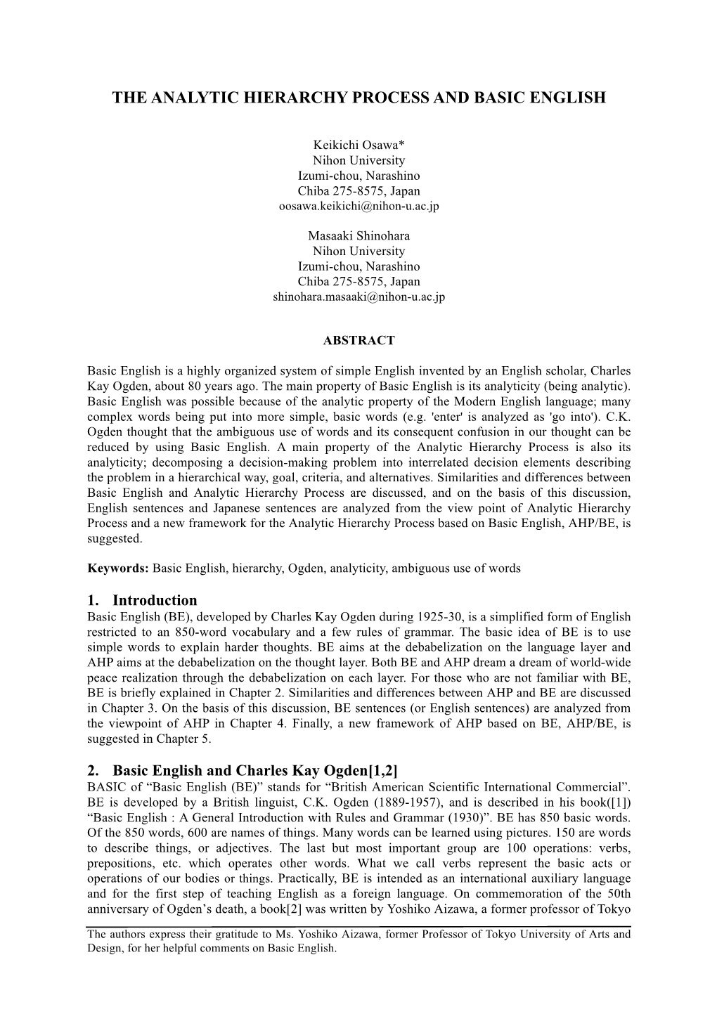 The Analytic Hierarchy Process and Basic English