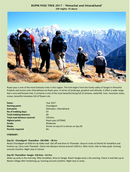RUPIN PASS TREK 2017 – ‘Himachal and Uttarakhand’ (09 Nights 10 Days)