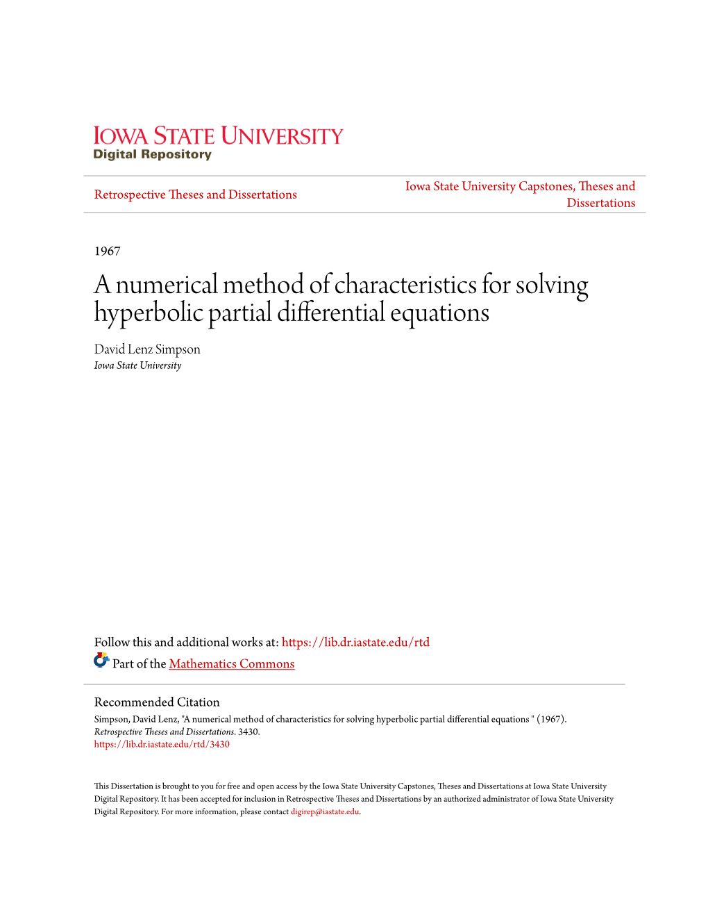 A Numerical Method of Characteristics for Solving Hyperbolic Partial Differential Equations David Lenz Simpson Iowa State University