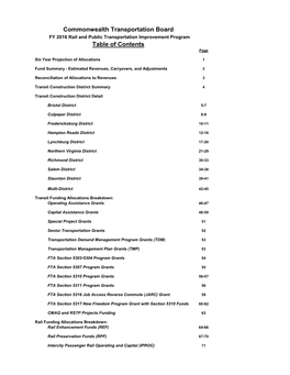 Commonwealth Transportation Board Table of Contents