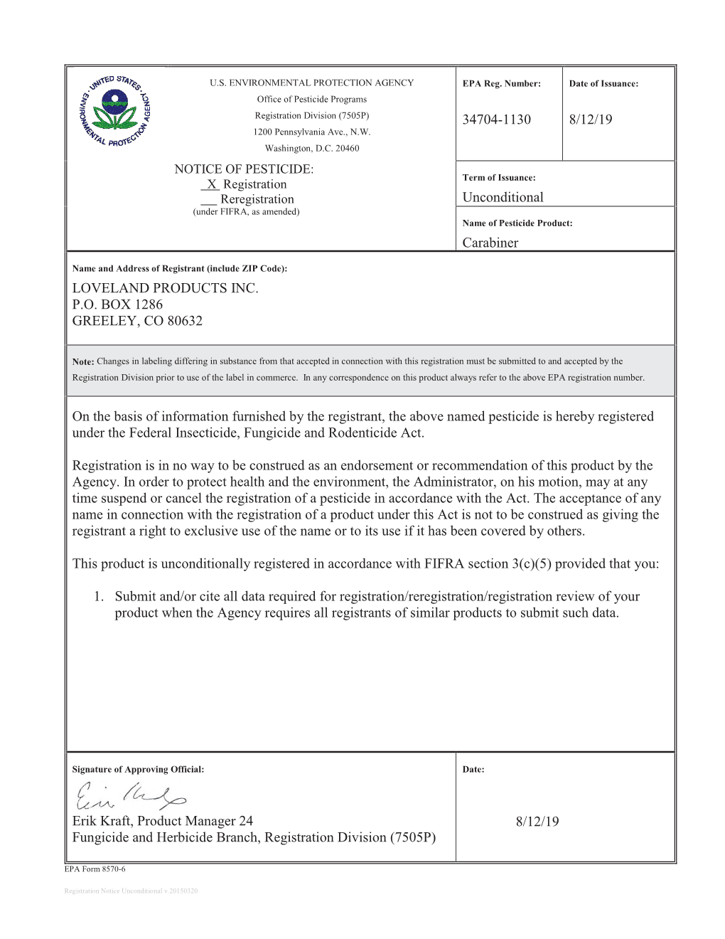 US EPA, Pesticide Product Label, Carabiner,08/12/2019