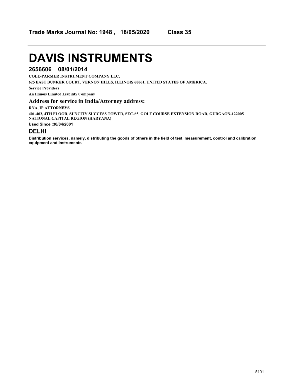 Davis Instruments 2656606 08/01/2014 Cole-Parmer Instrument Company Llc, 625 East Bunker Court, Vernon Hills, Illinois 60061, United States of America