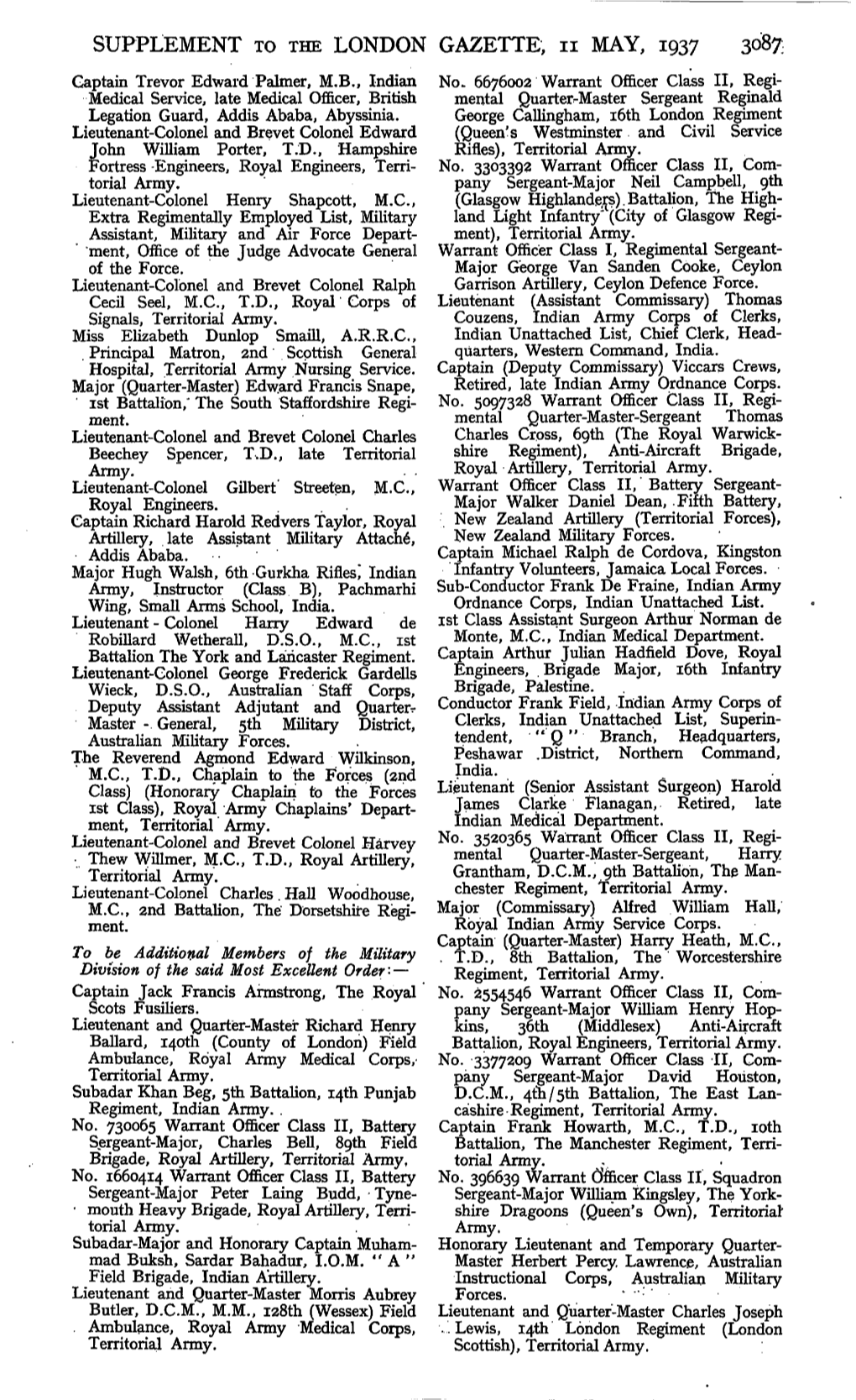 SUPPLEMENT to the LONDON GAZETTE, N MAY, 1937 3087 Captain Trevor Edward Palmer, M.B., Indian No