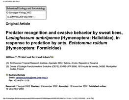 Predator Recognition and Evasive Behavior by Sweat Bees