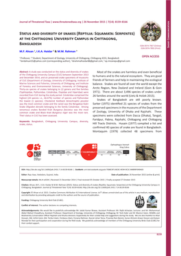 Status and Diversity of Snakes (Reptilia: Squamata: Serpentes) at the Chittagong University Campus in Chittagong