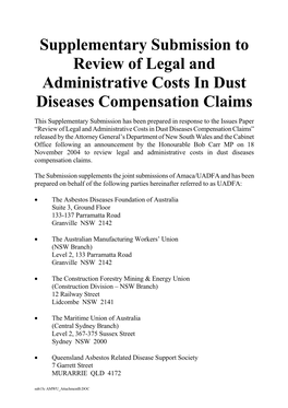 Supplementary Submission to Review of Legal and Administrative Costs in Dust Diseases Compensation Claims