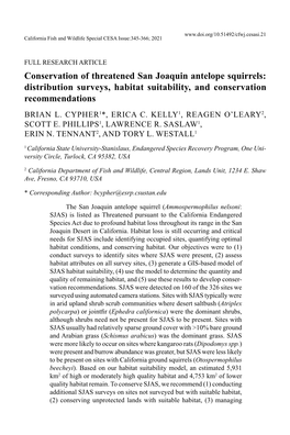 Conservation of Threatened San Joaquin Antelope Squirrels: Distribution Surveys, Habitat Suitability, and Conservation Recommendations BRIAN L