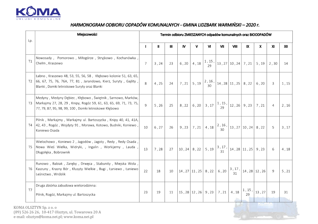 HARMONOGRAM ODBIORU ODPADÓW KOMUNALNYCH - GMINA LIDZBARK WARMIŃSKI – 2020 R