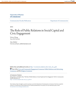 The Role of Public Relations in Social Capital and Civic Engagement Weiwu Zhang Texas Tech University