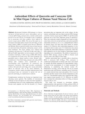 Antioxidant Effects of Quercetin and Coenzyme Q10 in Mini Organ Cultures of Human Nasal Mucosa Cells