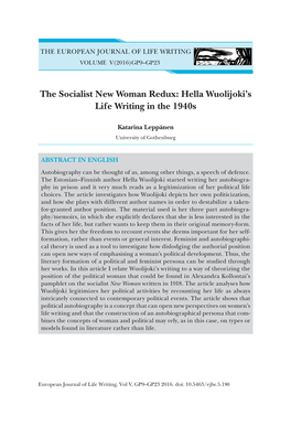 The Socialist New Woman Redux: Hella Wuolijoki's Life Writing in The