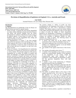 Provisions of Disqualification of Legislatures in England, U.S.A., Australia and French