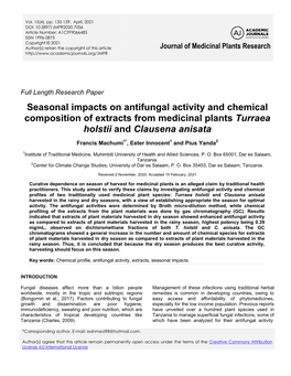 Seasonal Impacts on Antifungal Activity and Chemical Composition of Extracts from Medicinal Plants Turraea Holstii and Clausena Anisata