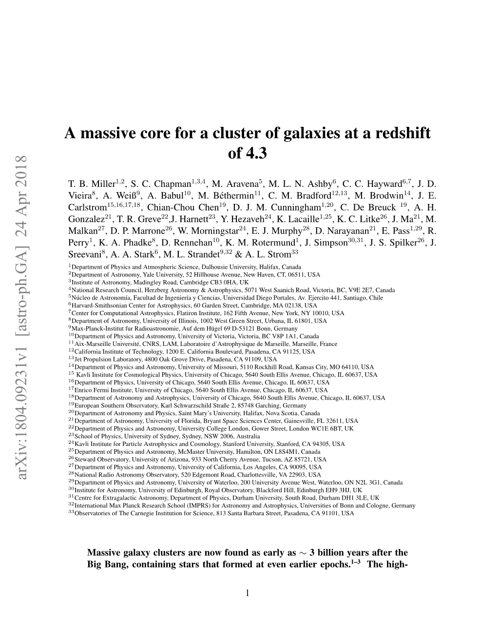 A Massive Core for a Cluster of Galaxies at a Redshift of 4.3 Arxiv