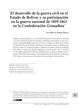 El Desarrollo De La Guerra Civil En El Estado De Bolívar Y Su Participación En La Guerra Nacional De 1859-1862 En La Confederación Granadina*