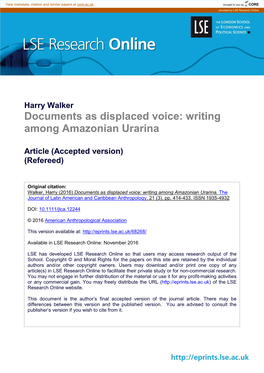 Documents As Displaced Voice: Writing Among Amazonian Urarina