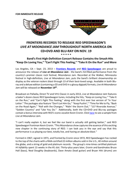 Frontiers Records to Release Reo Speedwagon's