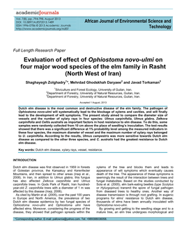 Evaluation of Effect of Ophiostoma Novo-Ulmi on Four Major Wood Species of the Elm Family in Rasht (North West of Iran)