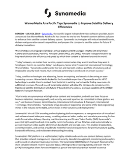 Warnermedia Asia Pacific Taps Synamedia to Improve Satellite Delivery Efficiencies