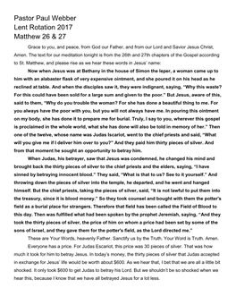 Pastor Paul Webber Lent Rotation 2017 Matthew 26 & 27