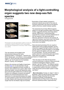 Morphological Analysis of a Light-Controlling Organ Suggests Two New Deep-Sea Fish Species 10 August 2016