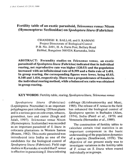 Fertility Table of an Exotic Parasitoid, Telenomus Remus Nixon (Hymenoptera: Scelionidae) on Spodoptera Litura (Fabricius)