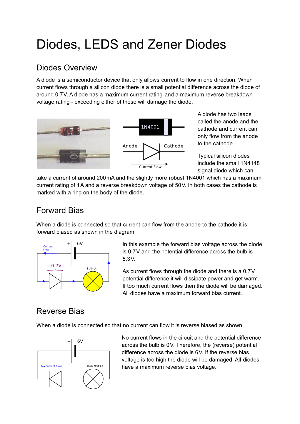 Diodes, LEDS and Zener Diodes