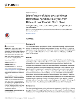 Identification of Aphis Gossypii Glover (Hemiptera: Aphididae) Biotypes from Different Host Plants in North China