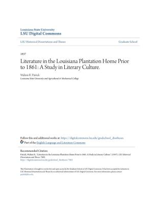 Literature in the Louisiana Plantation Home Prior to 1861: a Study in Literary Culture