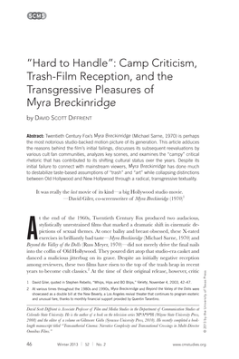 “Hard to Handle”: Camp Criticism, Trash-Film Reception, and the Transgressive Pleasures of Myra Breckinridge by DAVID SCOTT DIFFRIENT