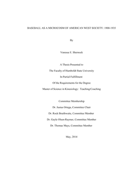 Baseball As a Microcosm of American West Society: 1900-1935